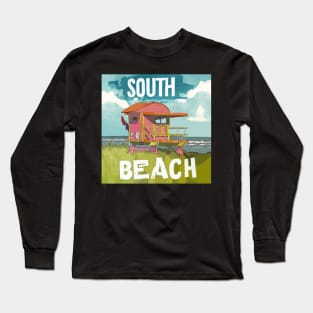 South Beach with a Lifeguard Tower - WelshDesigns Long Sleeve T-Shirt